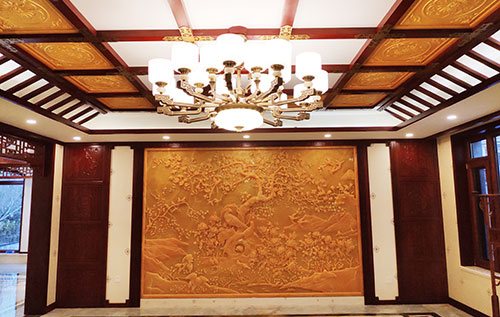 双桥中式别墅客厅中式木作横梁吊顶装饰展示